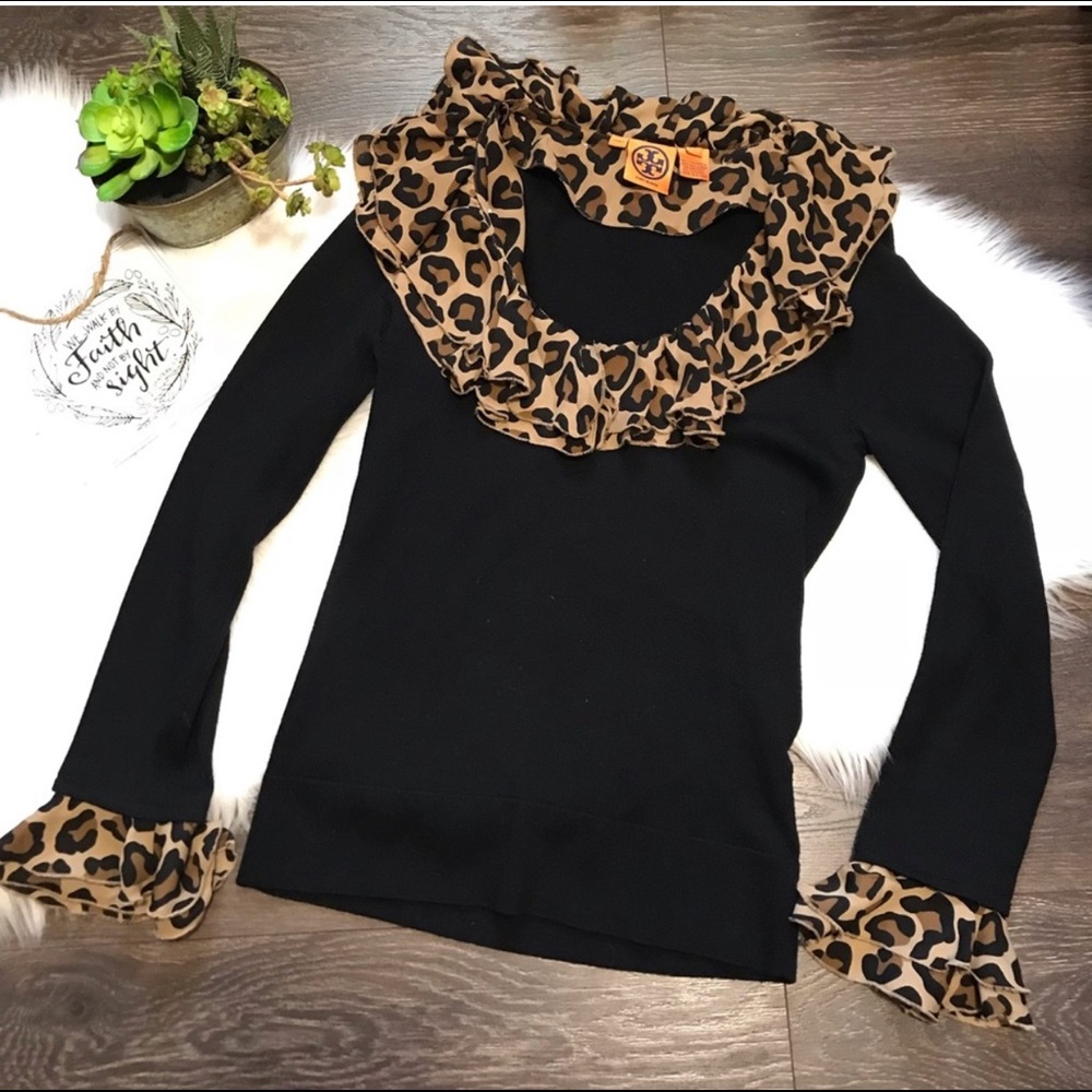 Tory Burch Leopard print and black LS blouse